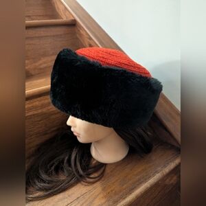 Vintage Betmar Pillbox Winter Hat, Red Velour Knit With Black Faux Fur Trim